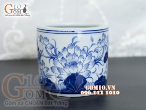 Bát hương men lam vẽ Sen Tài Lộc, đường kính 12cm