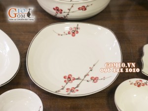 Đĩa ảo men kem vẽ hoa Đào đỏ 20cm