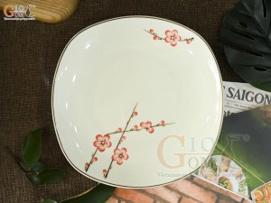 Đĩa ảo men kem vẽ hoa đào đỏ, 20cm