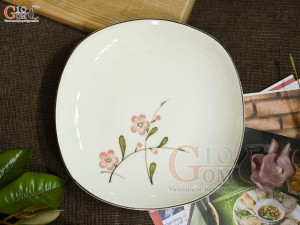 Đĩa ảo men kem vẽ hoa Đào hồng, đường kính 20cm