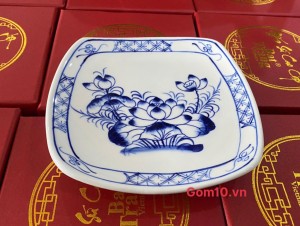 Đĩa ảo men tràm cổ vẽ sen xanh, 18cm