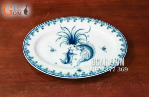Đĩa bầu dục họa tiết Song Ngư, 20x28,5cm