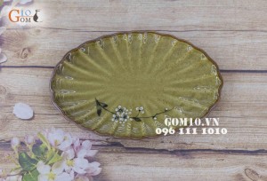 Đĩa bầu dục Hoàng thổ họa tiết Hoa Đào 27,5x18cm