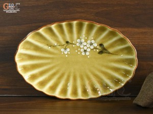 Đĩa bầu dục Hoàng thổ họa tiết Hoa Đào 31x21cm