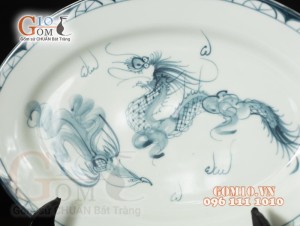 Đĩa bầu dục men cổ họa tiết Rồng Phượng Hóa, 18x25cm