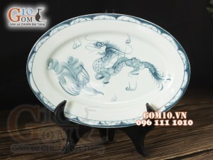 Đĩa bầu dục men cổ họa tiết Rồng Phượng Hóa, 20x28cm