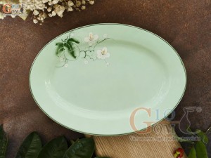 Đĩa bầu dục men ngọc vẽ hoa bưởi, dài 25 x 17cm
