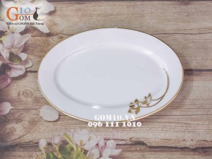Đĩa bầu dục men trắng vẽ Sen Vàng Kim 25x17cm