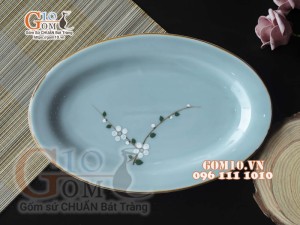 Đĩa bầu dục Ngọc Thanh Dương vẽ hoa Đào, 25x17cm
