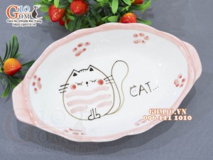 Đĩa bầu dục sâu 2 tai men trắng vẽ mèo chỉ hồng, 24x14cm