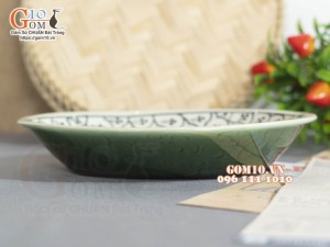 Đĩa bầu dục sâu xanh đồng vẽ bèo, 24x16cm