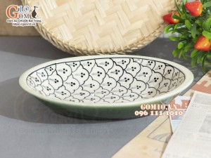 Đĩa bầu dục sâu xanh đồng vẽ bèo, 24x16cm