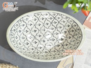 Đĩa bầu dục sâu xanh đồng vẽ bèo, 24x16cm