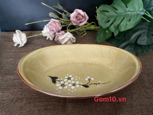 Đĩa bầu dục sâu Hoàng thổ họa tiết Hoa Đào 23x16cm