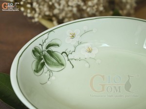 Đĩa bầu dục sâu lòng men ngọc vẽ hoa Bưởi trắng, 24x16cm