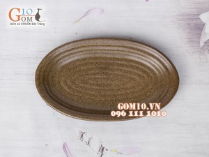 Đĩa bầu dục sâu men gốm vàng, 25cm