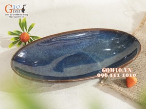 Đĩa bầu dục sâu men hỏa biến thiên hà, 29x14cm