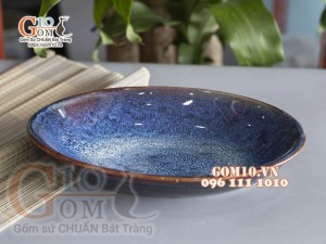 Đĩa bầu dục sâu men hỏa biến xanh đá, 23,5x16cm
