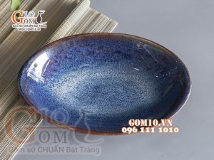 Đĩa bầu dục sâu men hỏa biến xanh đá, 23,5x16cm