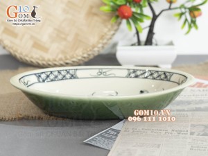 Đĩa bầu dục sâu xanh đồng vẽ Sen, 24x16cm