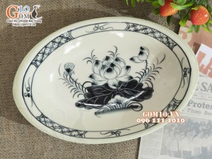 Đĩa bầu dục sâu xanh đồng vẽ Sen, 24x16cm
