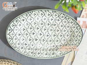 Đĩa bầu dục thường xanh đồng vẽ bèo, 25x16cm