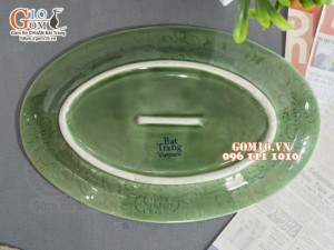 Đĩa bầu dục thường xanh đồng vẽ Sen, 30x20cm