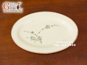 Đĩa bầu dục trơn men kem vẽ hoa Đào xanh, 30x20cm
