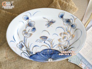 Đĩa bầu dục trơn men trắng hoa Sen tràm cổ vẽ vàng 24k, 28x20cm