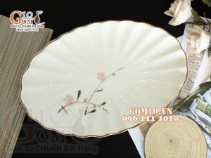 Đĩa bầu dục vân men kem vẽ hoa Đào phai 27x18cm