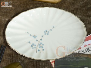 Đĩa bầu dục vân men kem vẽ hoa Đào xanh, 27x18cm