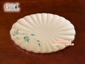 Đĩa bầu dục vân trúc xanh men kem 27cm