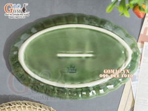 Đĩa bầu dục vân xanh đồng vẽ bèo, 25x16cm