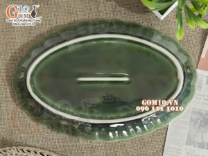 Đĩa bầu dục vân xanh đồng vẽ Sen, 25x16cm
