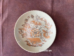 Đĩa cau họa tiết sen vàng kim, đường kính 14cm