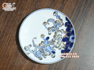 Đĩa cau men lam cổ Sen Cát Tường, vẽ vàng 24k