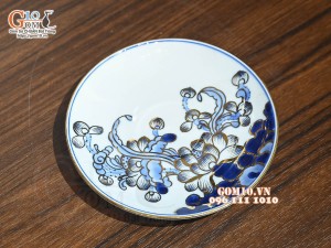 Đĩa cau men lam cổ Sen Cát Tường, vẽ vàng 24k