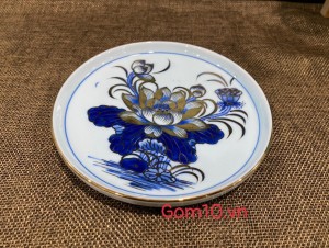 Đĩa cau men lam cổ vẽ Sen Cát Tường, đường kính 15cm
