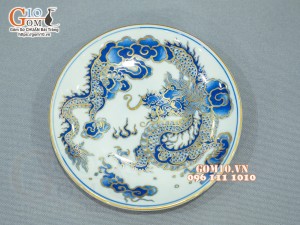 Đĩa cau men lam cổ họa tiết Rồng vẽ Vàng 24k, đường kính 18cm