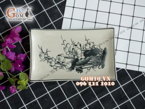 Đĩa chữ nhật họa tiết hoa sen men bóng, cạnh 27x17cm