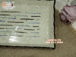 Đĩa chữ nhật viền hoa men kem tấm kẻ chỉ, 22,5x15,5cm