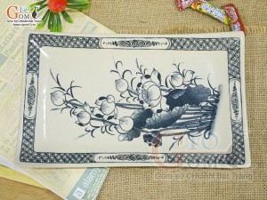 Đĩa chữ nhật men bóng họa tiết hoa Sen, 27x17cm
