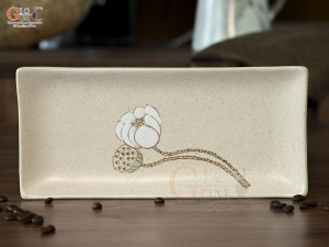 Đĩa chữ nhật men kem tấm vẽ Bạch Liên, 26x12cm