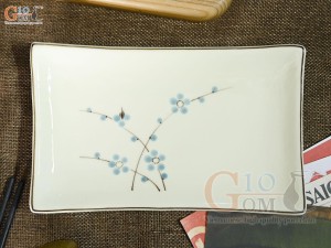 Đĩa chữ nhật men kem vẽ hoa Đào xanh, 25x16cm
