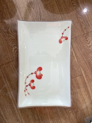 Đĩa chữ nhật men kem vẽ hoa Hải Đường 22cm x 13cm