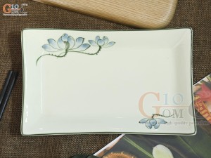 Đĩa chữ nhật men kem vẽ hoa Sen xanh, 25x16cm