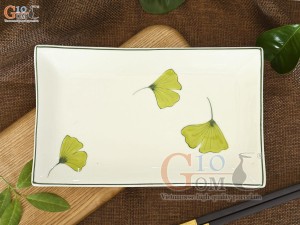 Đĩa chữ nhật men kem vẽ lá Như Ý 19x12cm