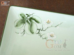 Đĩa chữ nhật men ngọc vẽ hoa Bưởi trắng, 25x15cm