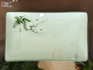 Đĩa chữ nhật men ngọc vẽ hoa Bưởi trắng, 25x15cm