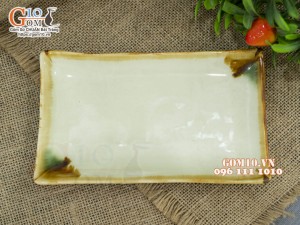 Đĩa chữ nhật men nhật vàng, 21,5x13cm